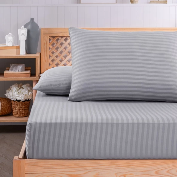 Pamuklu Çizgili Saten Tek Kişilik Lastikli Çarşaf Seti 100x200cm30 Cm 1 Adet Yastık Kılıfı 50x70 Açı - 2