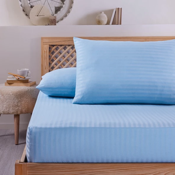 Pamuklu Çizgili Saten Tek Kişilik Lastikli Çarşaf Seti 100x200cm30 Cm 1 Adet Yastık Kılıfı 50x70 Açı - 2