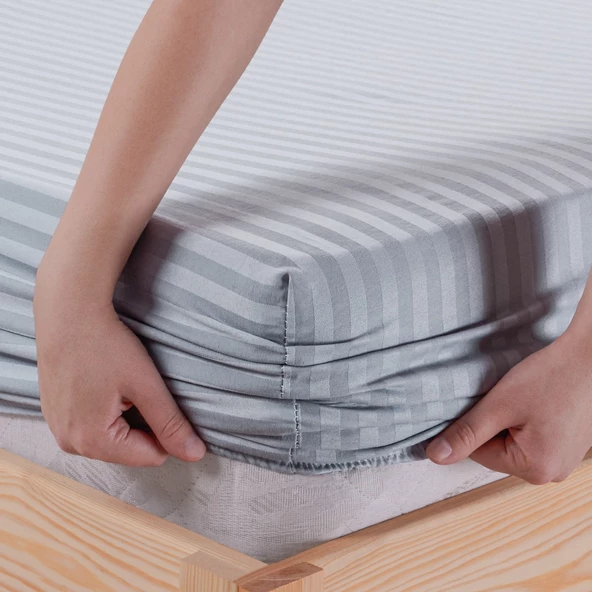 Pamuklu Çizgili Saten Tek Kişilik Lastikli Çarşaf Seti 100x200cm30 Cm 1 Adet Yastık Kılıfı 50x70 Açı - 3