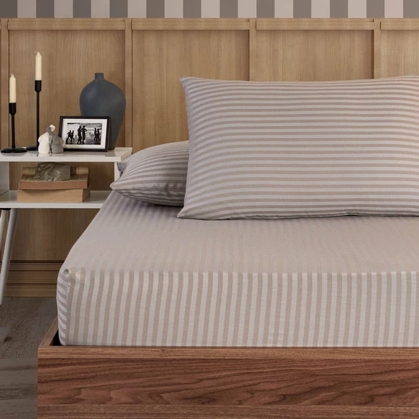 Pamuklu Çizgili Saten Çift Kişilik Lastikli Çarşaf Seti 160x200 Cm 2 Adet Yastık Kılıfı 50x70 Cm Taş - 2