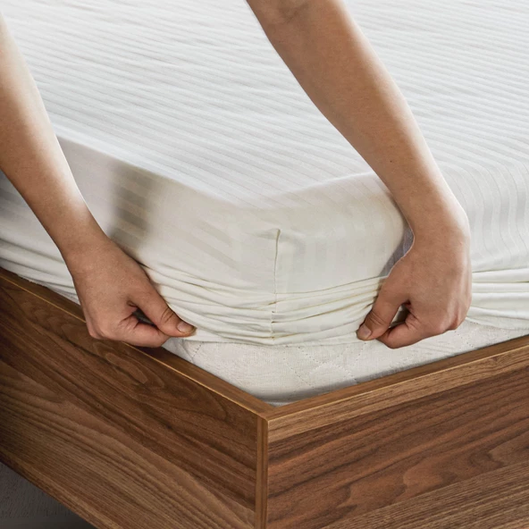 Pamuklu Çizgili Saten Tek Kişilik Lastikli Çarşaf Seti 100x200cm30 Cm 1 Adet Yastık Kılıfı 50x70 Kre - 3