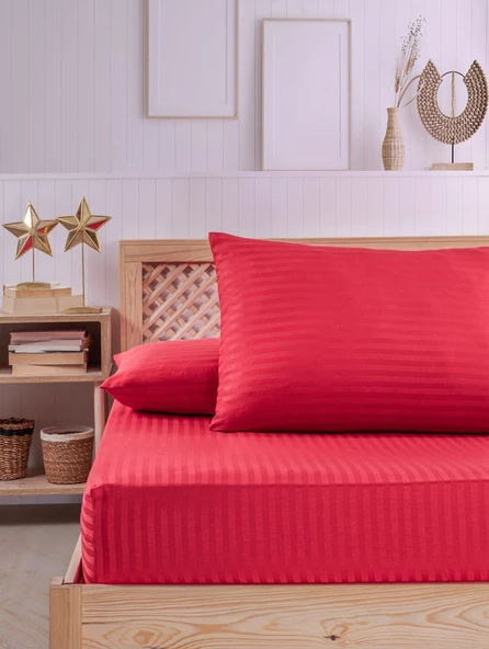 Pamuklu Çizgili Saten Tek Kişilik Lastikli Çarşaf Seti 100x200cm30 Cm 1 Adet Yastık Kılıfı 50x70 Kırmızı - 2