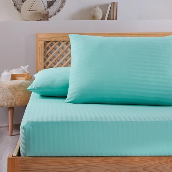 Pamuklu Çizgili Saten Tek Kişilik Lastikli Çarşaf Seti 100x200cm30 Cm 1 Adet Yastık Kılıfı 50x70 Min - 2
