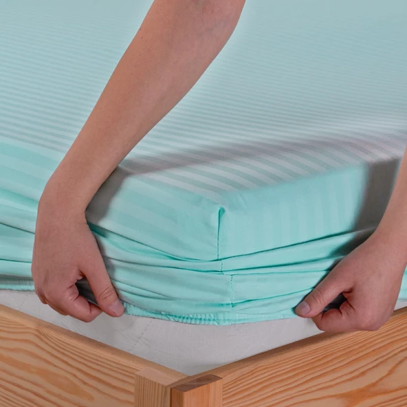 Pamuklu Çizgili Saten Tek Kişilik Lastikli Çarşaf Seti 100x200cm30 Cm 1 Adet Yastık Kılıfı 50x70 Min - 3