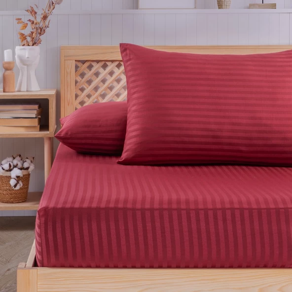 Pamuklu Saten Çizgili Lastikli Çarşaf Seti 160x200cm Kılıfı 50x70 Cm Çift Kişilik Bordo - 2