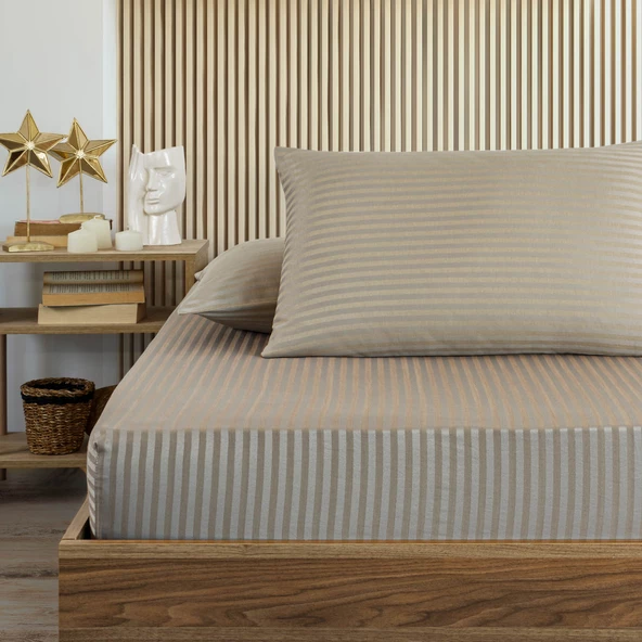 Pamuklu Saten Çizgili Lastikli Çarşaf Takımı 180x200cm Yastık Kılıfı 50x70 Cm Çift Kişilik Kahvereng - 2