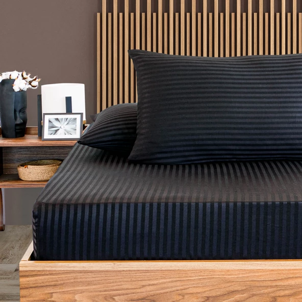 Pamuklu Saten Çizgili Lastikli Çarşaf Takımı 180x200cm Yastık Kılıfı 50x70 Cm Çift Kişilik Siyah - 2