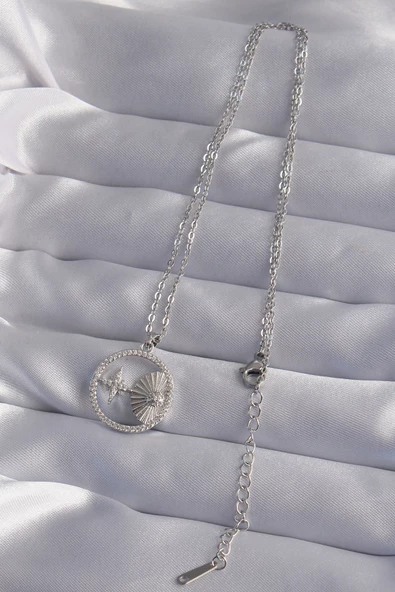 316L Çelik Zincir Gümüş Renk Zirkon Taşlı Yıldız Figürlü Oval Kolye - TJ-BKO9024 - 2