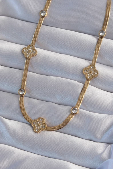 Marydien 316L Çelik İtalyan Zincirli Gold Renk Zirkon Taşlı Yonca Model Kolye