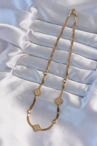 Marydien 316L Çelik İtalyan Zincirli Gold Renk Zirkon Taşlı Yonca Model Kolye - 2