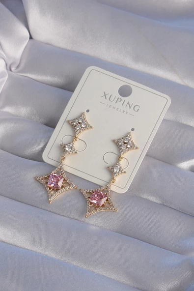Marydien XUPİNG Gold Renk Pembe Zirkon Taşlı Yıldız Model Küpe