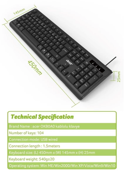 Acer OAK-0A0  Siyah Kablolu Sessiz Tuşlu  Klavye (Caps Lock) (Kablo Uzunluğu 1.50Cm)