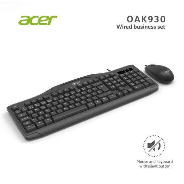 Acer OAK-930 Kablolu Sessiz Tuşlu  Klavye Moue Set Siyah (Klavye 1,40Cm-Mouse 1.60Cm Kablo) - 2