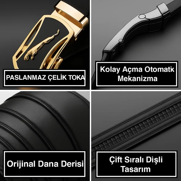 Ayarlanabilir Mekanizmalı Paslanmaz Çelik Deliksiz Otomatik Toka Hakiki Deri Erkek Bel Kemeri 130cm - 8