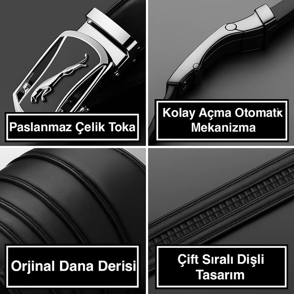 Ayarlanabilir Mekanizmalı Paslanmaz Çelik Deliksiz Otomatik Toka Hakiki Deri Erkek Bel Kemeri 130cm - 9