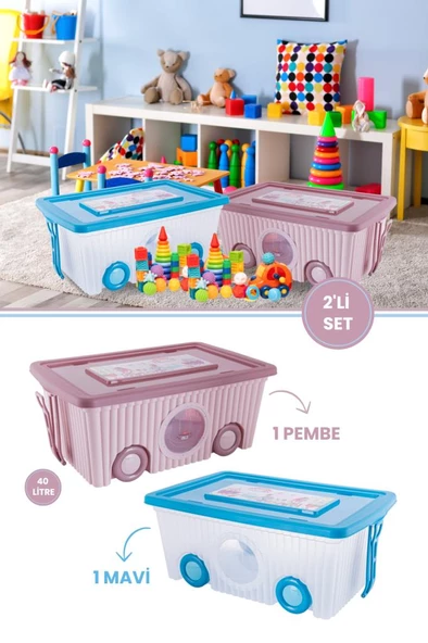 Flora Trendy Tekerlekli Oyuncak Kutusu 40 Litre Pembe Mavi İkili Set