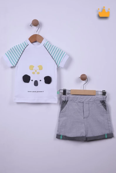 Babyhola %100 Pamuk Erkek Bebek Koala Detaylı Çizgili Şortlu Takım 2548