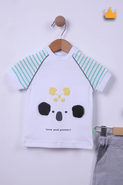 Babyhola %100 Pamuk Erkek Bebek Koala Detaylı Çizgili Şortlu Takım 2548 - 2