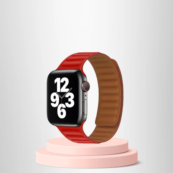 Apple Watch 42/44/45mm Uyumlu İnce Dokuma Mıknatıslı Kordon KIRMIZI