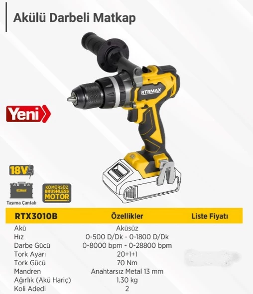 RTRMAX X-LION RTX3010B AKÜLÜ DARBELİ MATKAP KÖMÜRSÜZ 80Nm - Akü ve Şarj Hariç - 2