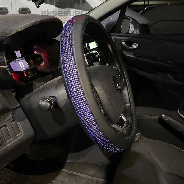 Taşlı Direksiyon Kılıfı Swaroski Diamond Parlak Mavi Geçme Direksiyon Kılıfı 38 cm Çaplı