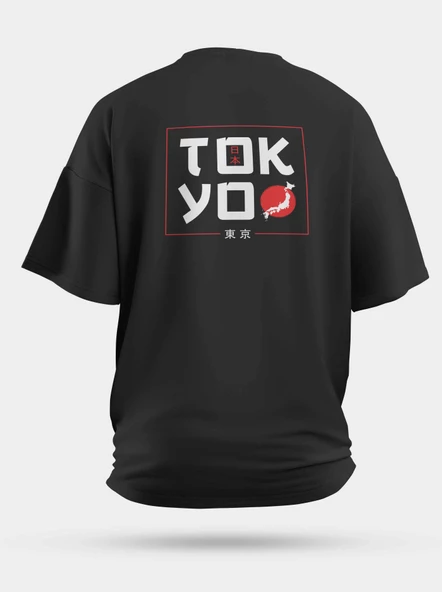 Oversize Land of the Tokyo Baskılı Unisex Tişört Siyah