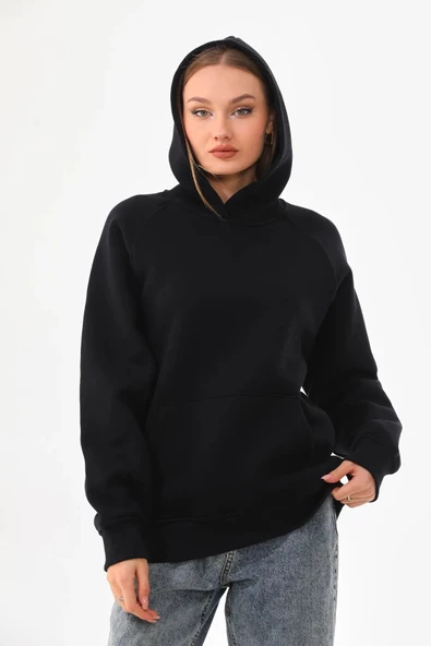 Unisex 2 İplik Şardonlu Kapüşonlu sweatshirt Siyah