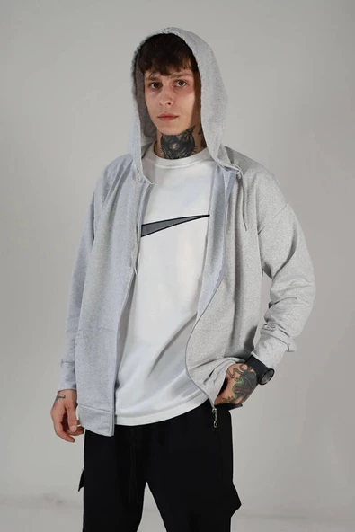 Erkek Açık Gri Kapüşonlu Fermuarlı 2 Iplik Polar Kanguru Oversize Sweatshirt