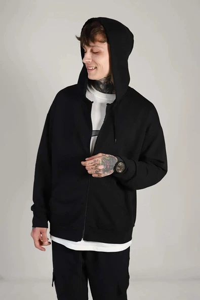 Erkek Siyah Kapüşonlu Fermuarlı 2 Iplik Polar Kanguru Oversize Sweatshirt