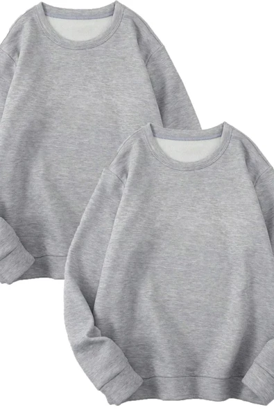 2 Ipilik Bisiklet Yaka Sweatshirt Gri Ikili Takım Düz