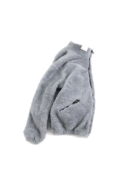 Kül Rengi Peluş Wellsoft Dik Yaka Cepleri Fermuarlı Oversize Kesim Peluş Ceket - 2