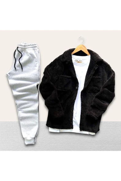 Unisex Pelüş Siyah Ceket Ve Gri Eşofman Kombini Alt Üst - 2