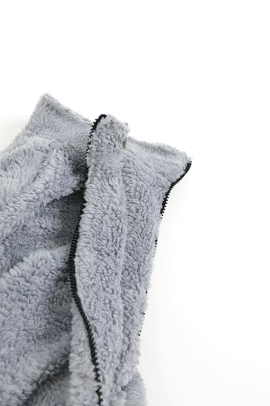 Kül Rengi Peluş Wellsoft Dik Yaka Cepleri Fermuarlı Oversize Kesim Peluş Ceket - 5