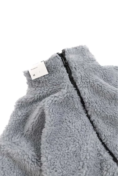 Kül Rengi Peluş Wellsoft Dik Yaka Cepleri Fermuarlı Oversize Kesim Peluş Ceket - 4