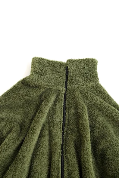Haki Peluş Wellsoft Dik Yaka Cepleri Fermuarlı Oversize Kesim Peluş Ceket - 5
