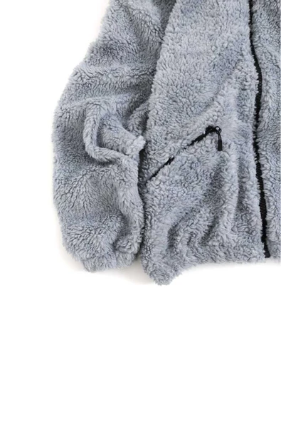 Kül Rengi Peluş Wellsoft Dik Yaka Cepleri Fermuarlı Oversize Kesim Peluş Ceket - 3