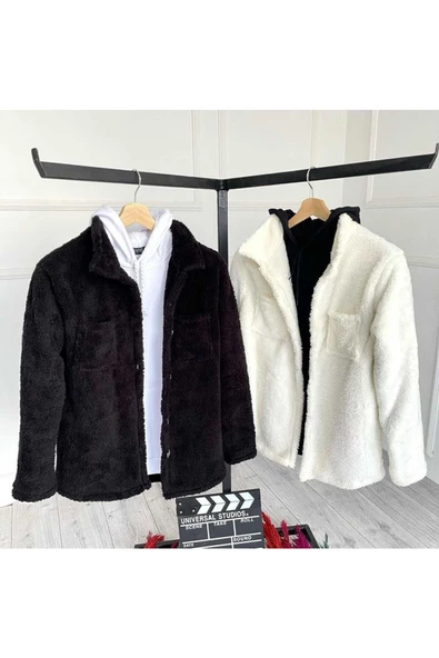 2 li Unisex Beyaz ve Siyah Peluş Polar Hırka Gömlek