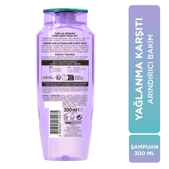 L'Oréal Paris Elseve Hydra [Hyaluronic] Pure Salisilik Asit İçeren Yağlanma Karşıtı Arındırıcı Şampuan 300 ml - 8