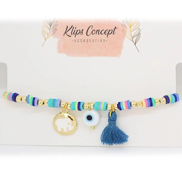 KL-BEYAZ FİL DETAY RENKLİ FİMO BONCUK PÜSKÜL GOLD RENK BİLEKLİK