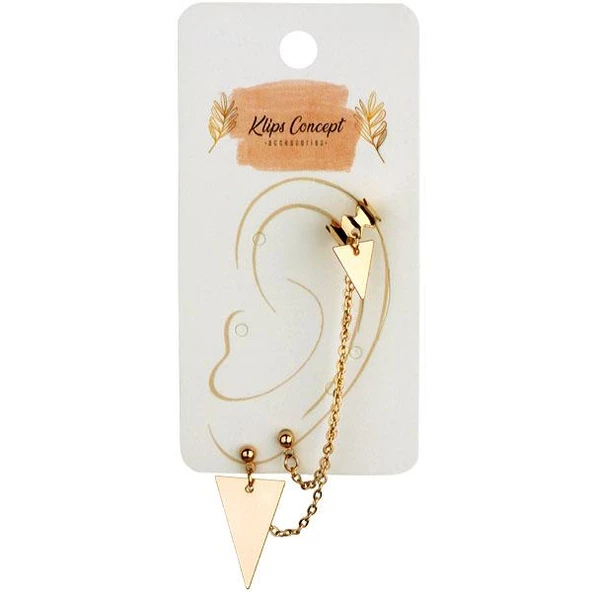 KL- OBJE VE ZİNCİR EAR CUFF ÜÇGEN DETAY GOLD RENK KÜPE