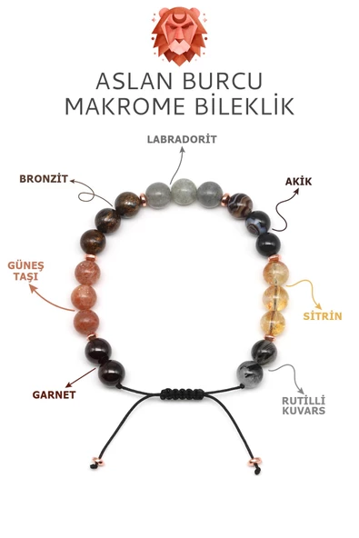 Aslan Burcu Taşlarından Oluşan Doğal Taş Makrome Bileklik 8 mm Küre Kesim - Burç Bilekliği