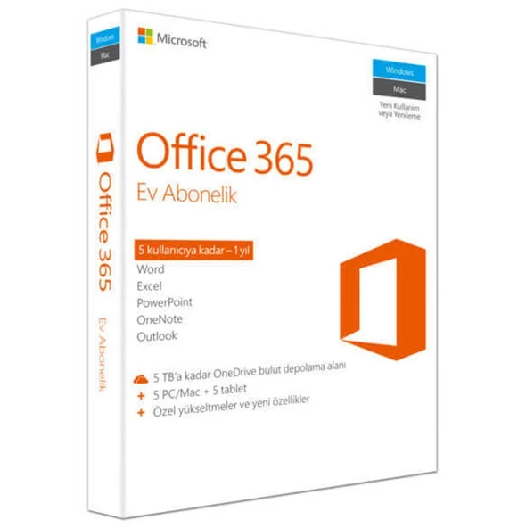 Office 365 Ev Abonelik 5 Kullanıcı 1 Yıl Abonelik PC/Mac + 5 Tablet