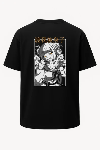 Oversize Himiko Toga My Hero Academia Baskılı Unisex Tişört Siyah