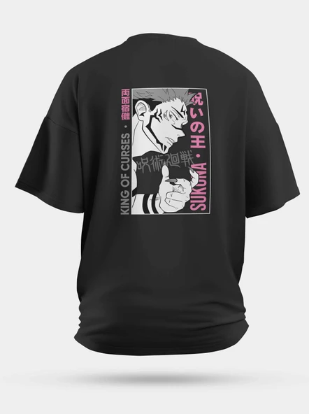 Oversize Sukuna Jujutsu Kaisen Pembe Baskılı Unisex Tişört