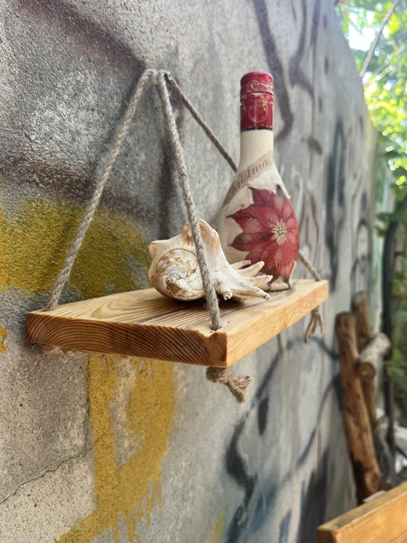 Ahşap Dekoratif Halatlı Duvar Rafı - 2