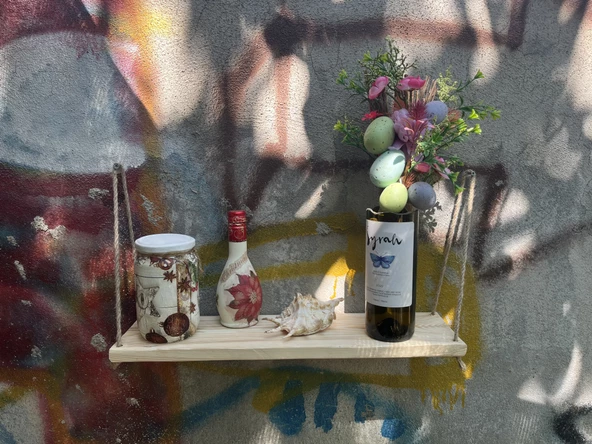 Ahşap Halatlı Duvar Rafı Kitaplık - 5