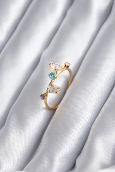 Gold Renk Renkli Zirkon Taşlı Kadın Yüzük - TJ-BYK2844 ürün görseli