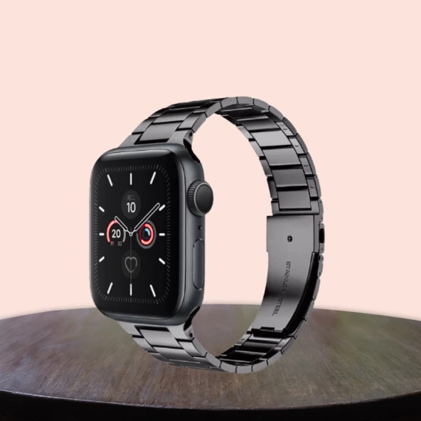 Apple Watch 42-44-45mm Uyumlu Kordon Paslanmaz Şık Çelik Tasarım Kayış SİYAH