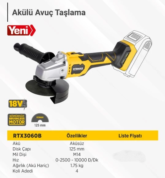 RTRMAX X-LION RTX3060B AKÜLÜ AVUÇ TAŞLAMA KÖMÜRSÜZ 115MM 10.000RPM - AKÜ VE ŞARJ HARİÇ - 2