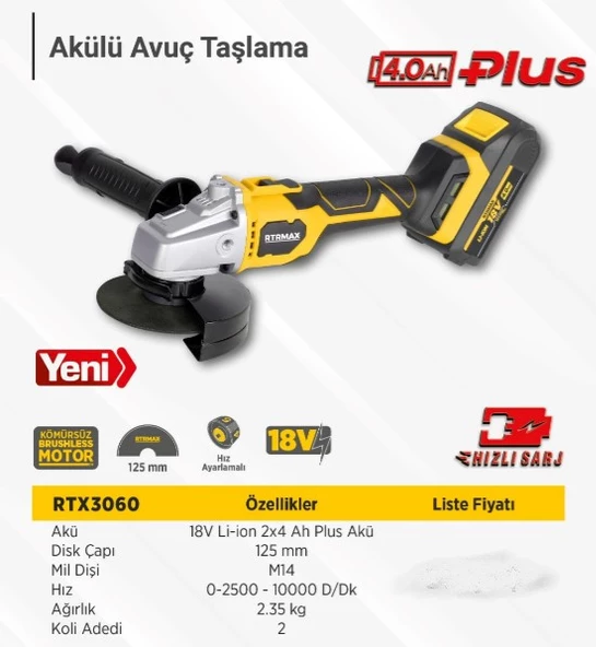 RTRMAX X-LION RTX3060 AKÜLÜ AVUÇ TAŞLAMA KÖMÜRSÜZ 115MM 10.000RPM 2X4Ah PLUS AKÜ HIZLI ŞARJ - 2
